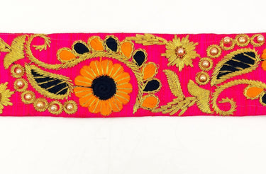 Fuchsia Pink Art Silk Lace Trim, Floral Embroidery in Orange, Black and Gold